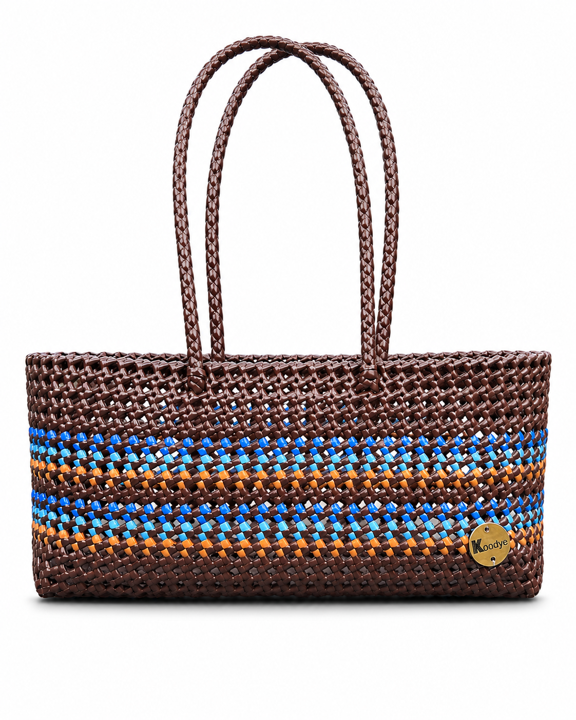 Woven handbag with blue and orange stripes on a white background